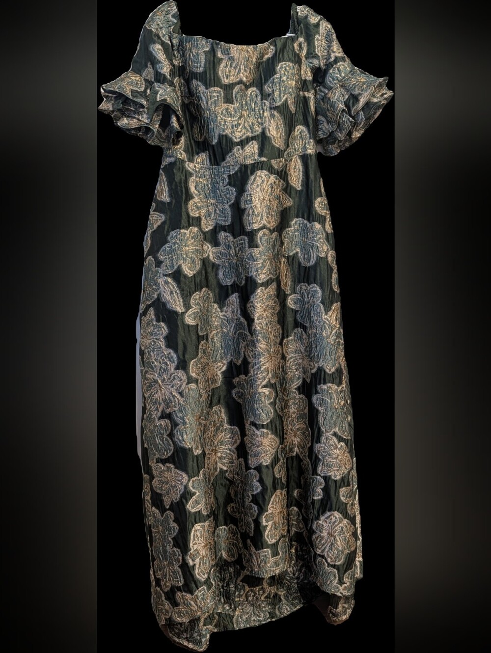 Alexander By Daymor Embroidered Floral Sage And Gold Brocade Evening Gown